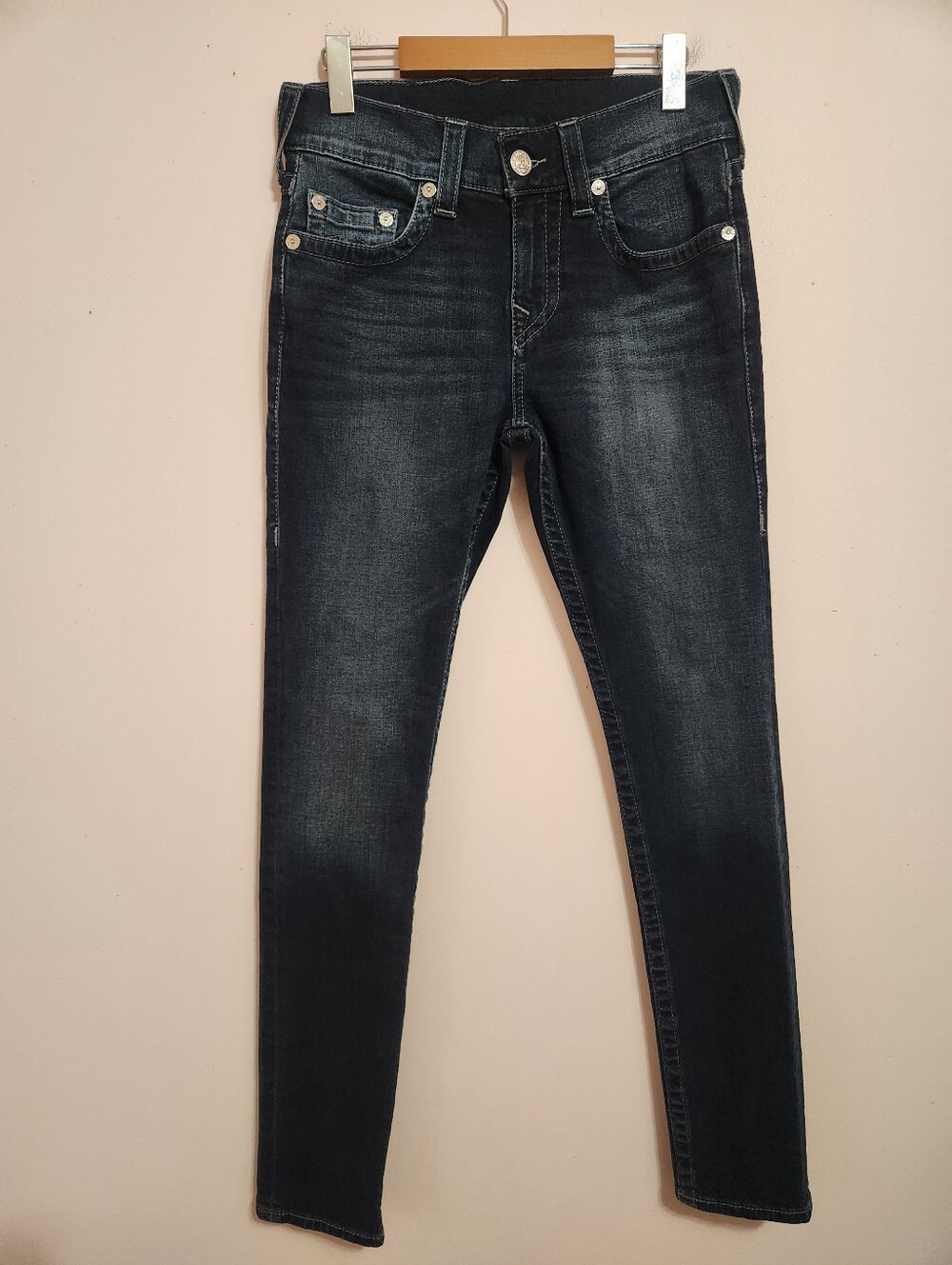 True Religion Rocco Relaxed Skinny Jeans Dark Wash Denim No Flap Horseshoe Sz 28